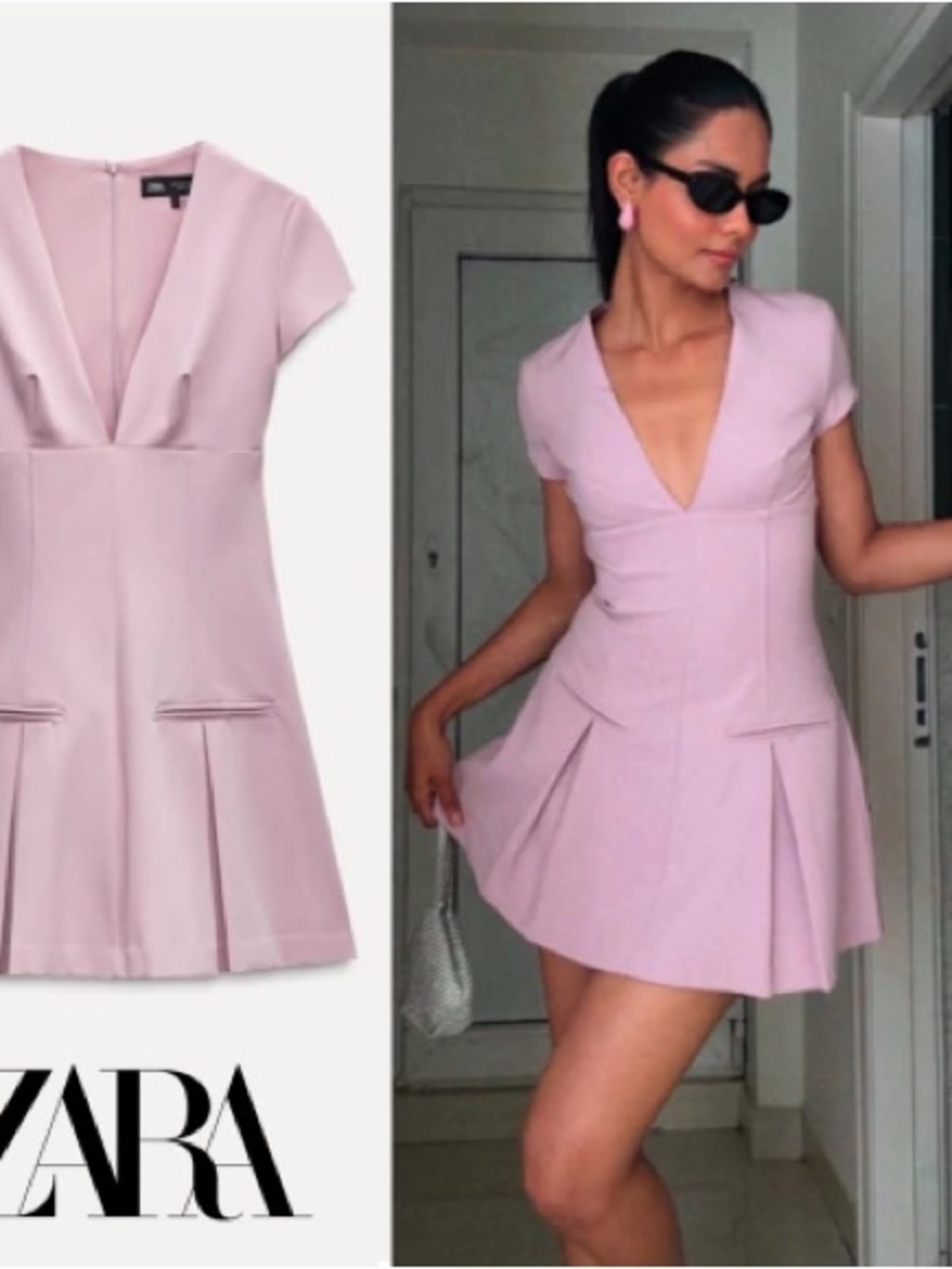 ZARA Light Pink V-Neck Pleated Mini Dress